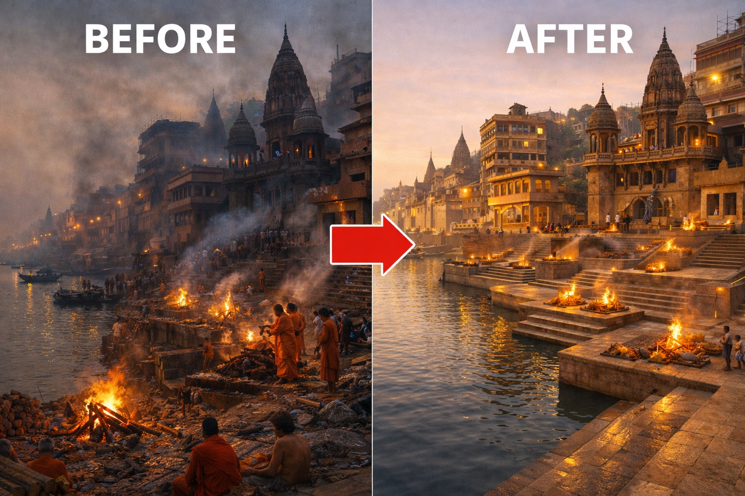 Manikarnika Ghat reconstruction showing before and after transformation of the historic cremation ghat in Varanasi
